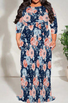 Blue Pink Casual Print Patchwork Strap Design O Neck Long Plus Size Dresses