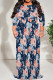 Blue Pink Casual Print Patchwork Strap Design O Neck Long Plus Size Dresses