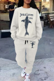 Grey Casual Print Pocket Patchwork O Neck Long Sleeve Two Pieces