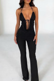 Black Sexy Solid Color Patchwork Backless Strap Design Halter Regular Jumpsuits