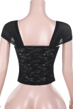 Black Sexy Solid Color Lace Hollow Out Patchwork Asymmetrical Collar Tops