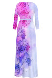 Blue Elegant Floral Print Gradient Lace Up Contrast V Neck Printed Dresses