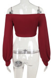 Red Casual Solid Color Patchwork Backless Off Shoulder Tops