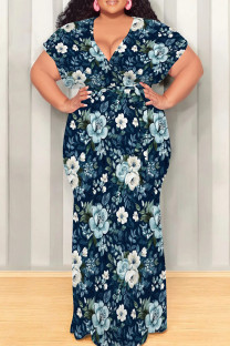 Cyan Casual Print Patchwork Strap Design V Neck Long Plus Size Dresses