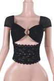 Black Sexy Solid Color Lace Hollow Out Patchwork Asymmetrical Collar Tops