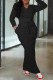 Black Casual Solid Color Draw String Pocket Patchwork V Neck Long Sleeve Two Pieces