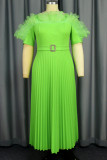 Green Elegant Solid Color With Belt Stringy Selvedge Pleated Asymmetrical Collar Long Dresses