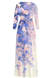 Blue Elegant Floral Print Gradient Lace Up Contrast V Neck Printed Dresses