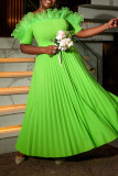 Green Elegant Solid Color With Belt Stringy Selvedge Pleated Asymmetrical Collar Long Dresses