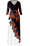 Blue Elegant Floral Print Gradient Lace Up Contrast V Neck Printed Dresses
