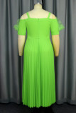 Green Elegant Solid Color With Belt Stringy Selvedge Pleated Asymmetrical Collar Long Dresses