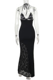 Black Sexy Solid Color Lace Patchwork Backless Spaghetti Strap Sling Dresses