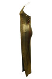 Gold Sexy Hot Solid Color Backless Slit Halter Long Dresses
