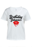 White Casual Lips Print Letters O Neck T-Shirts