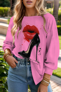 Pink Casual Print Patchwork O Neck Tops
