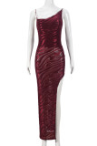 Burgundy Elegant Stripe Patchwork High Slit Cross Straps Asymmetrical Collar Long Dresses