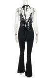 Black Sexy Solid Color Patchwork Backless Strap Design Halter Regular Jumpsuits