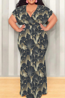 Grey Casual Print Patchwork Strap Design V Neck Long Plus Size Dresses