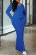 Royal Blue Casual Solid Color Draw String Pocket Patchwork V Neck Long Sleeve Two Pieces