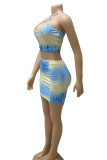 Pink Sexy Tie Dye Patchwork Backless Spaghetti Strap Two Pieces