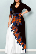 Coffee Elegant Floral Print Gradient Lace Up Contrast V Neck Printed Dresses