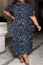 Tibetan Blue Casual Print Patchwork O Neck Long Plus Size Dresses