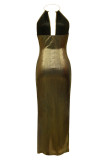 Gold Sexy Hot Solid Color Backless Slit Halter Long Dresses
