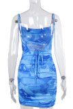Blue Sexy Print Patchwork Backless Spaghetti Strap Sling Dresses