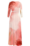 Blue Elegant Floral Print Gradient Lace Up Contrast V Neck Printed Dresses