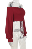 Red Casual Solid Color Patchwork Backless Off Shoulder Tops