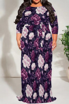 Purple Pink Casual Print Patchwork Strap Design O Neck Long Plus Size Dresses