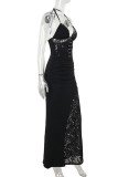Black Sexy Solid Color Lace Patchwork Backless Spaghetti Strap Sling Dresses