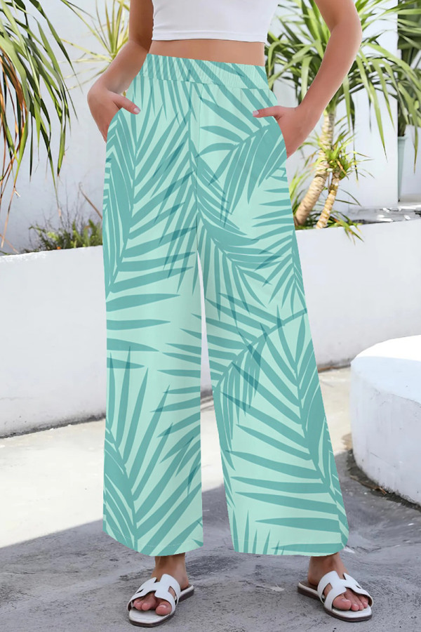 Light Green Casual Print Pocket Patchwork Loose Mid Waist Wide Leg Full Print Bottoms
