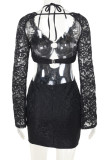 Black Sexy Solid Color Lace Hollow Out Patchwork V Neck Wrapped Skirt Dresses
