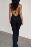Black Sexy Solid Color Patchwork Backless Strap Design Halter Regular Jumpsuits