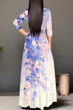 Blue Elegant Floral Print Gradient Lace Up Contrast V Neck Printed Dresses
