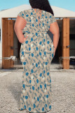 Khaki Sexy Floral Print Lace Up V Neck Printed Plus Size Dresses