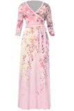Blue Elegant Floral Print Gradient Lace Up Contrast V Neck Printed Dresses