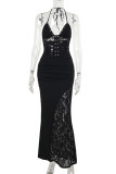 Black Sexy Solid Color Lace Patchwork Backless Spaghetti Strap Sling Dresses