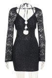 Black Sexy Solid Color Lace Hollow Out Patchwork V Neck Wrapped Skirt Dresses