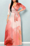 Blue Elegant Floral Print Gradient Lace Up Contrast V Neck Printed Dresses