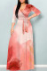 Red Elegant Floral Print Gradient Lace Up Contrast V Neck Printed Dresses