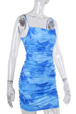 Blue Sexy Print Patchwork Backless Spaghetti Strap Sling Dresses