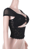 Black Sexy Solid Color Lace Hollow Out Patchwork Asymmetrical Collar Tops