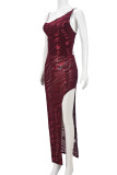 Burgundy Elegant Stripe Patchwork High Slit Cross Straps Asymmetrical Collar Long Dresses