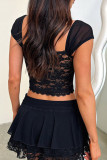 Black Sexy Solid Color Lace Hollow Out Patchwork Asymmetrical Collar Tops