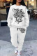 White Grey Casual Print Pocket Patchwork O Neck Long Sleeve Two Pieces