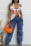 Red Sexy Letters Hollow Out Patchwork Halter Tops