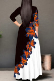 Blue Elegant Floral Print Gradient Lace Up Contrast V Neck Printed Dresses