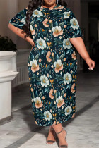 Green White Casual Print Patchwork O Neck Long Plus Size Dresses